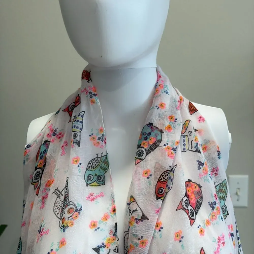 Owl Animal Print Sheer Gauze Infinity Scarf White & Neon colorful Whimsical